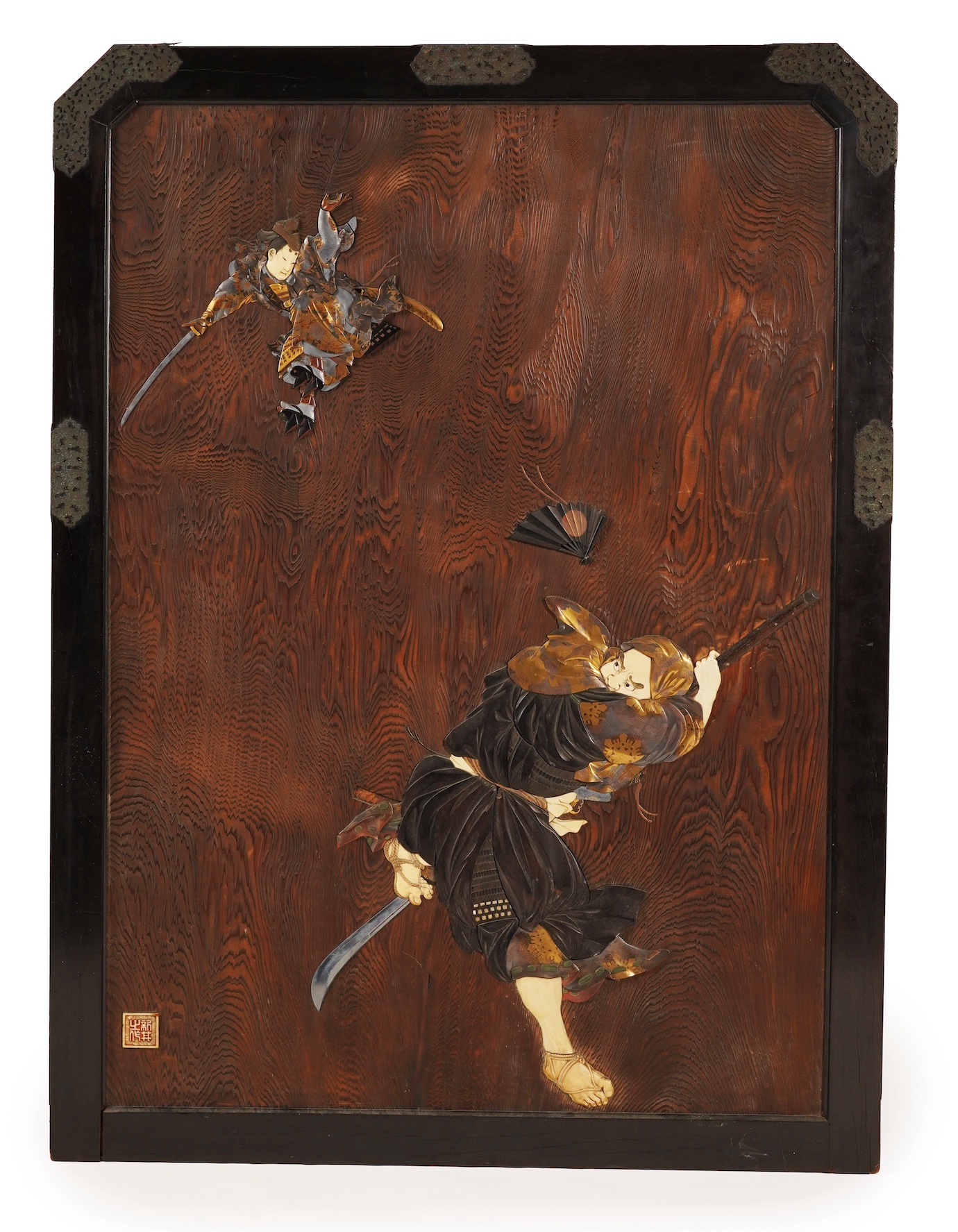 A Japanese inlaid persimmon wood tsuitate screen panel, Meiji period, possibly Tokyo School